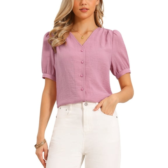 FAB CURVES Short Sleeve Tops for Women's V Neck Button Down Dressy Casual Blouses XS Pink