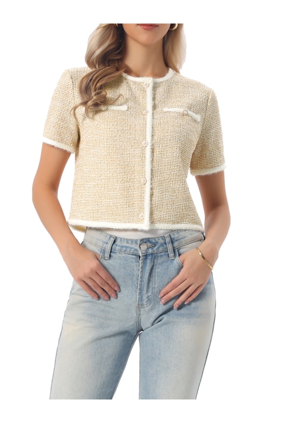 Women's Tweed Knit Jacket Short Sleeve Crew Neck Cropped Cardigan Yellow L