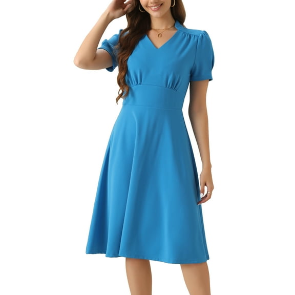 INSPIRE CHIC Short Sleeve Work Dress for Women's Summer V Neck Office Dresses Trendy XS Lake Blue