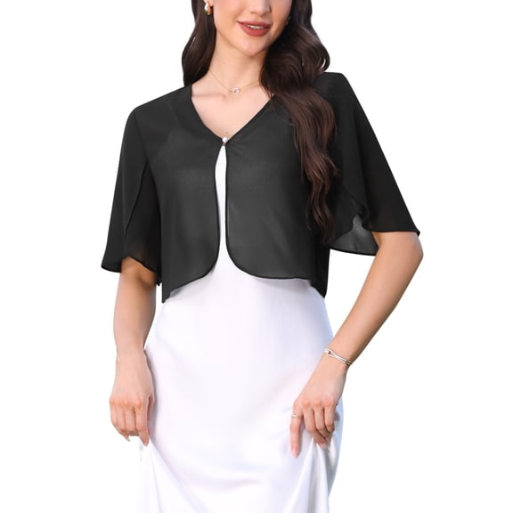 INSPIRE CHIC Shrugs for Women's Ruffle Short Sleeve Open Front Bolero Summer Cropped Cardigan for Dress L Black