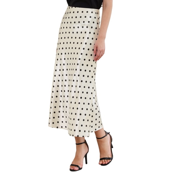 INSPIRE CHIC Women's Polka Dot Satin High Waist Midi Skirt Flowy Elegant Skirt S Light Apricot