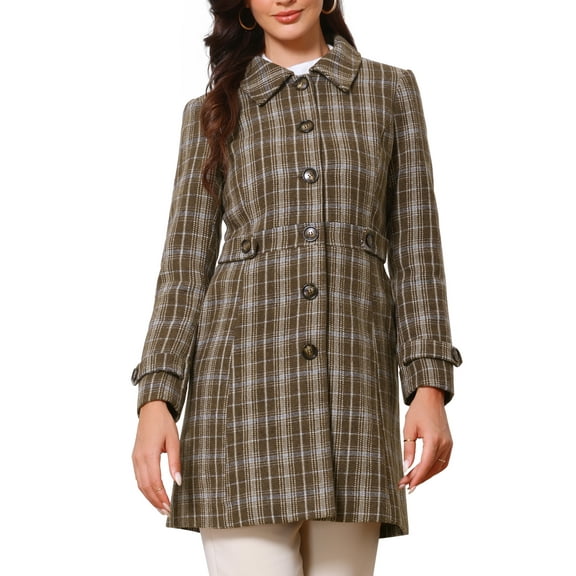 INSPIRE CHIC Single Breasted Pea Coat for Women's Plaid Winter Trench Outerwear XL Coffee