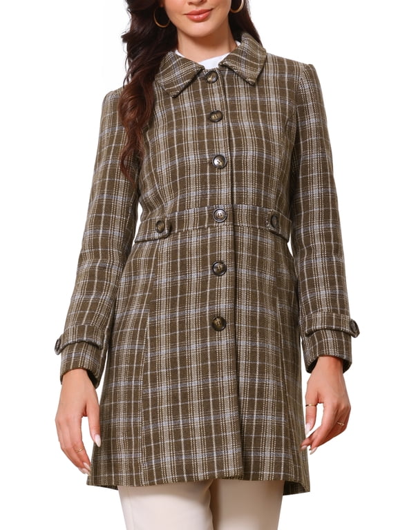 Plaid Pea Coat for Women's Single Breasted Vintage Winter Overcoat Trench Outerwear XL Coffee