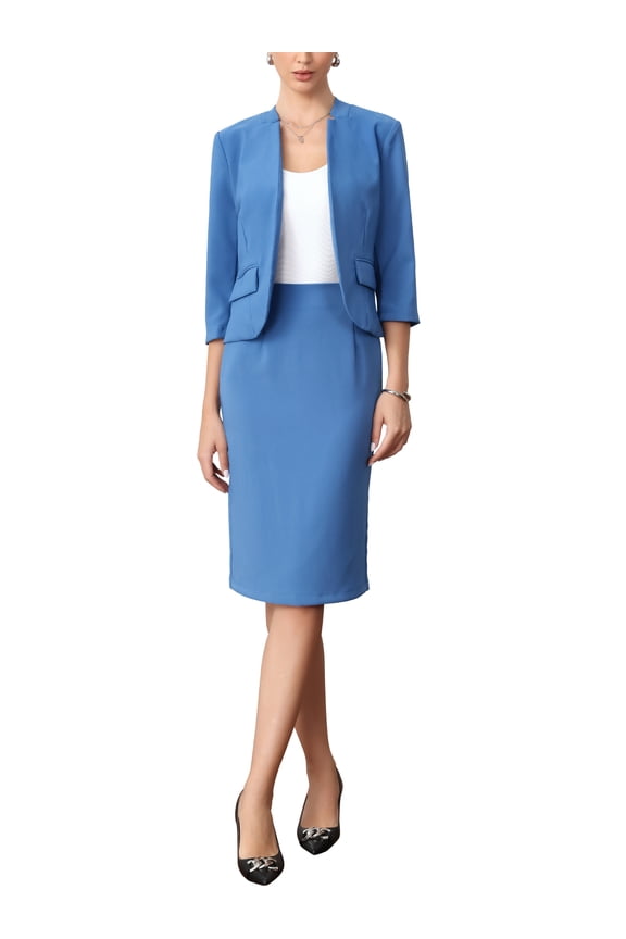 Skirt Suit Set for Women's 2 Piece Business Formal Office Work Collarless Blazer Pencil Skirts M Blue