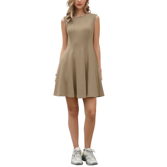INSPIRE CHIC Sleeveless Dress for Women Casual Crew Neck A Line Swing Mini Tank Dresses XL Khaki