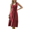 thumbnail image 1 of INSPIRE CHIC Sleeveless Dress for Women V Neck Smocked A Line Summer Casual Tiered Midi Dresses XS Burgundy, 1 of 6