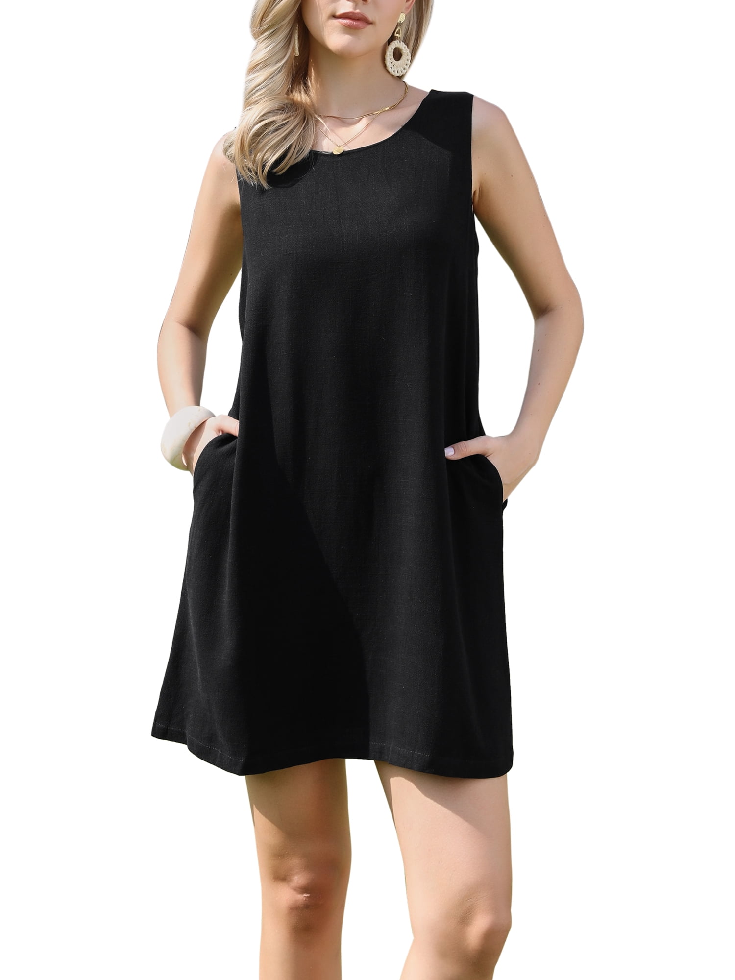 Inspire Chic Sleeveless Linen Dress for Women's Summer Crew Neck A-Line Casual Dresses with Pockets XS Black