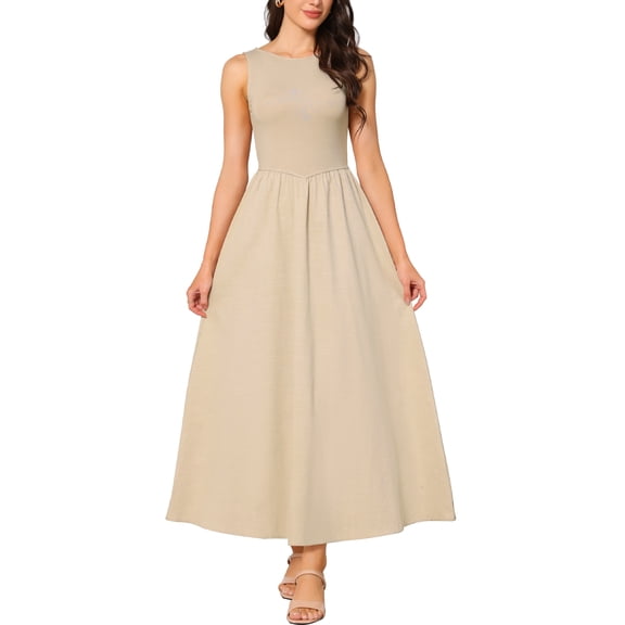 INSPIRE CHIC Sleeveless Maxi Dress for Women's Patchwork A-Line Crew Neck Stretchy Casual Tank Dress M Beige