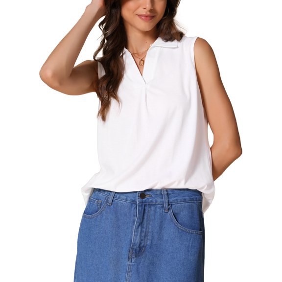 INSPIRE CHIC Sleeveless Top for Women V Neck Loose Shirt Solid Collar Polo Shirts Casual Top S White