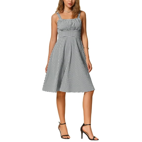 INSPIRE CHIC Women's Sleeveless Vintage Dress Plaid Gingham Ruched A-Line Flowy Midi Dresses M Black