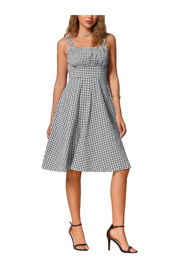 Women's Sleeveless Gingham Dress Vintage Plaid Ruched A-Line Flowy Midi Dresses Black M