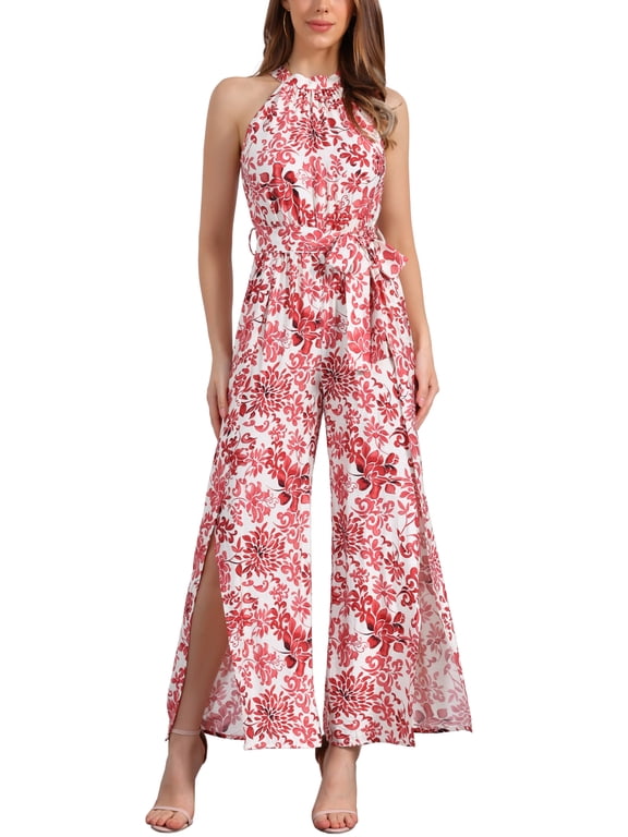 Casual Sleeveless Jumpsuit for Women's Boho Pattern Tie Halter Neck Beach Slit Wide Leg Pants L Red