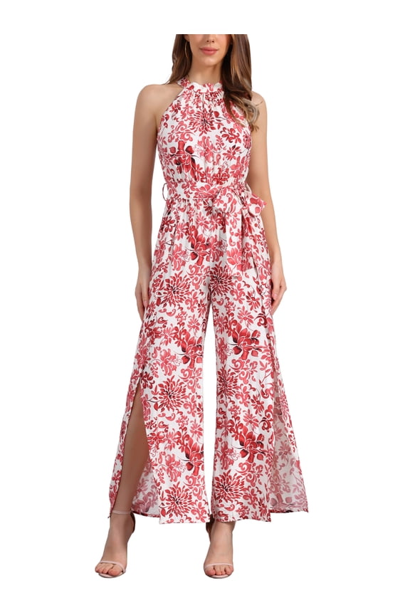 Sleevless Boho Jumpsuit for Women's Tie Halter Neck Belt Slit Side Long Wide Leg Pants M Red