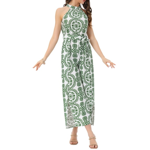 INSPIRE CHIC Sleevless Boho Jumpsuit for Women's Tie Halter Neck Belt Slit Side Long Wide Leg Pants XS Green