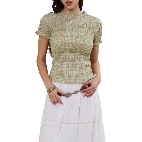INSPIRE CHIC Smocked Top for Women Y2K Plaid Short Sleeve Crew Neck Ruffle Shirred Tops Shirt S Grey Green