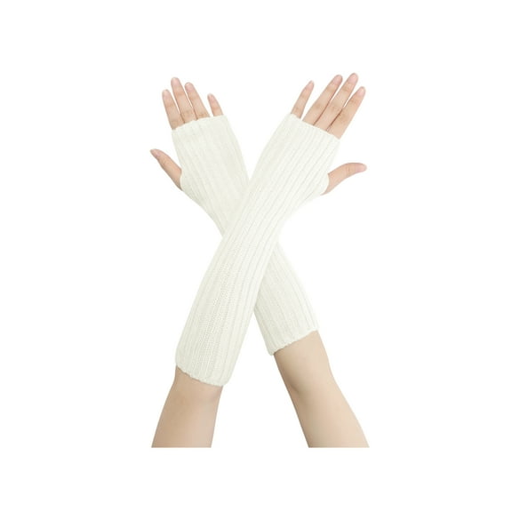 INSPIRE CHIC Solid Color Knit Arm Warmers Fingerless Gloves Elbow Long Knitted Cover for Winter One Size Cream White