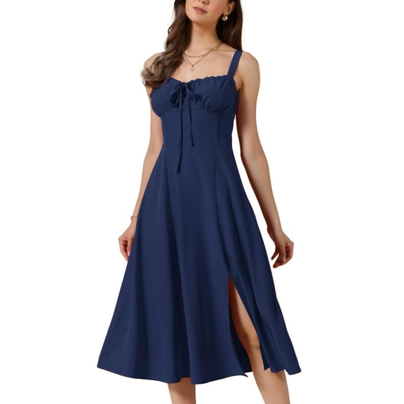 INSPIRE CHIC Spaghetti Strap Dresses for Women Scoop Neck Side Slit Sexy Flowy Midi Dress M Dark Blue