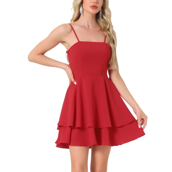 INSPIRE CHIC Spaghetti Straps Dress for Women's Backless Bow Tiered Ruffle A-Line Mini Party Dresses L Red