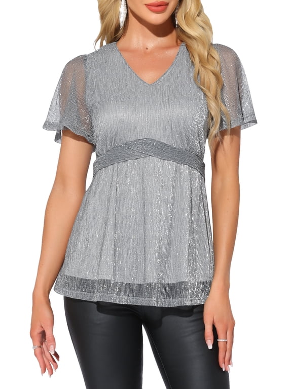 Sparkly Blouse for Women's Short Sleeves V Neck Peplum Sparkle Glitter Party Club Top S Silver Gray