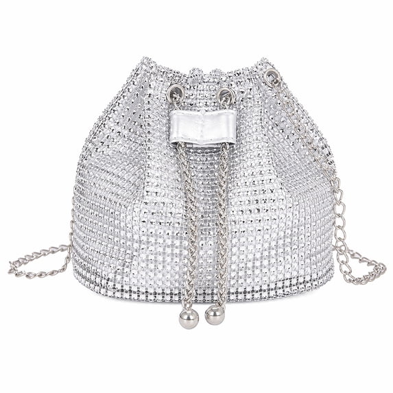 INSPIRE CHIC Sparkly Rhinestone Crossbody Bag for Women Fashion Bucket Shoulder Bag with Chain Strap Silver