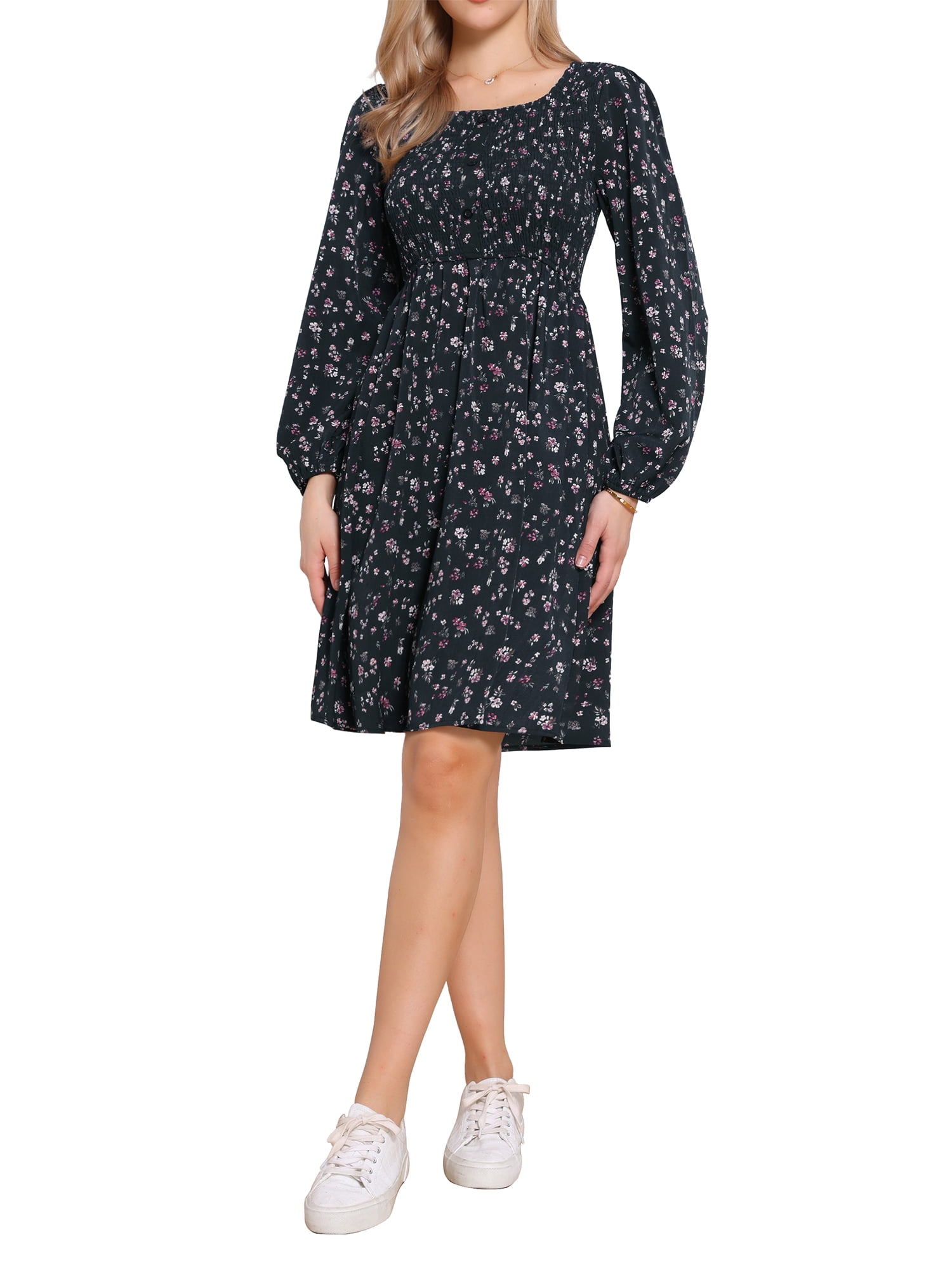 INSPIRE CHIC Square Neck Dresses for Women Long Sleeves Floral Smocked ...