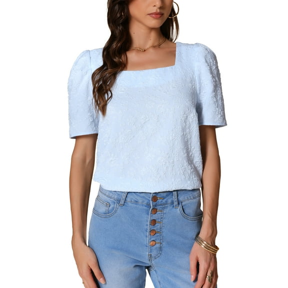 INSPIRE CHIC Square Neck Tops for Women's Summer Short Sleeve Embroidery Blouses XS Blue