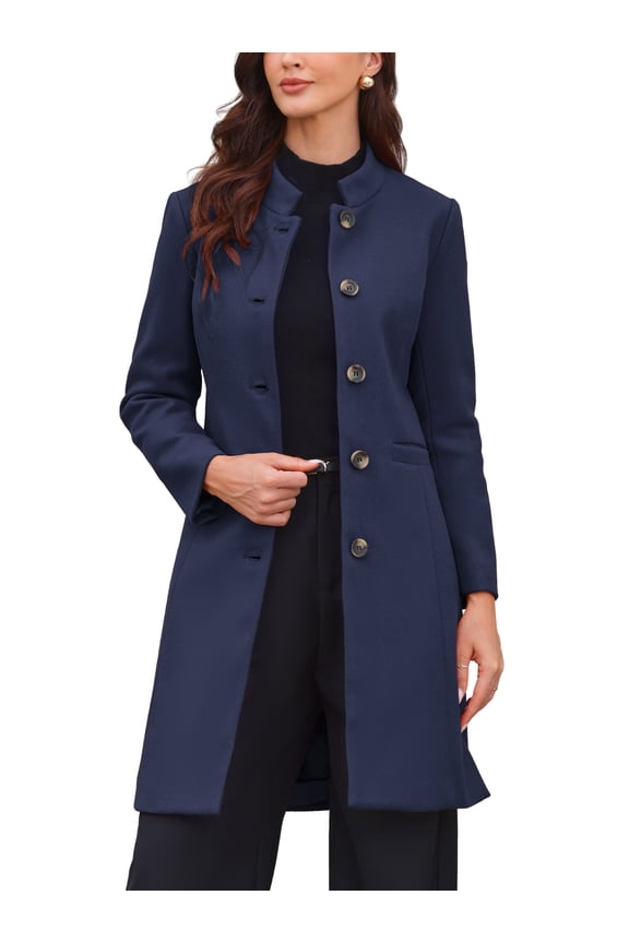 Stand Collar for Women Mid-Long Button-Down Winter Overcoat XL Navy Blue