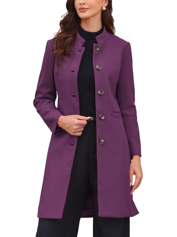 Stand Collar for Women Mid-Long Button-Down Winter Overcoat XL Purple