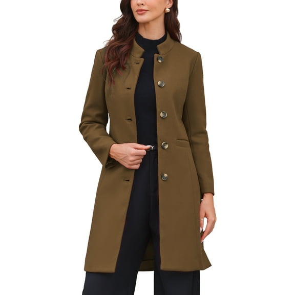 INSPIRE CHIC Stand Collar for Women  Mid-Long Button-Down Winter Overcoat XS Brown