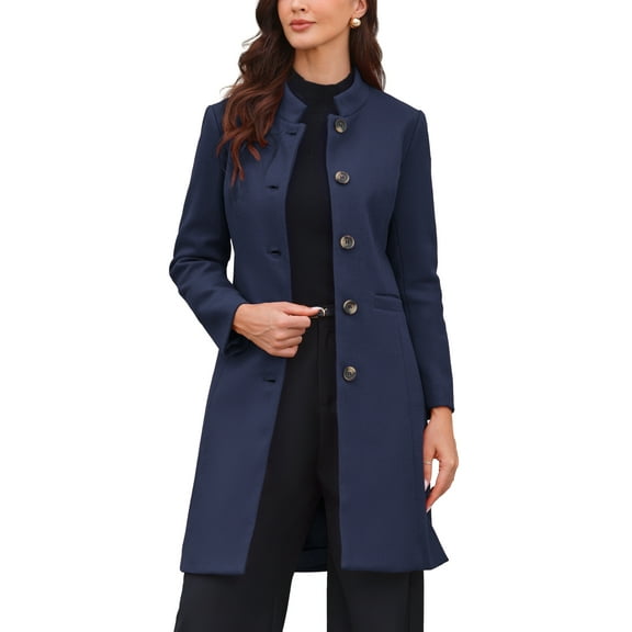 INSPIRE CHIC Stand Collar for Women  Mid-Long Button-Down Winter Overcoat XS Navy Blue