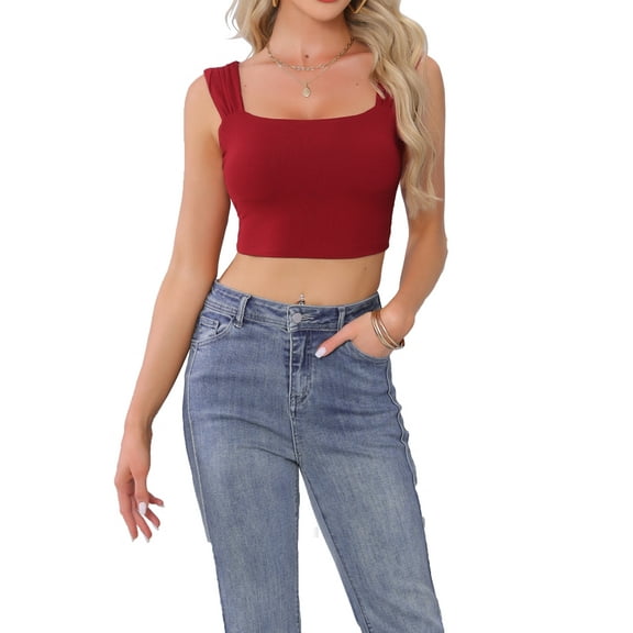 INSPIRE CHIC Women's Tank Top Strappy Sleeveless Square Neck Fitted Party Crop Top M Dark Red