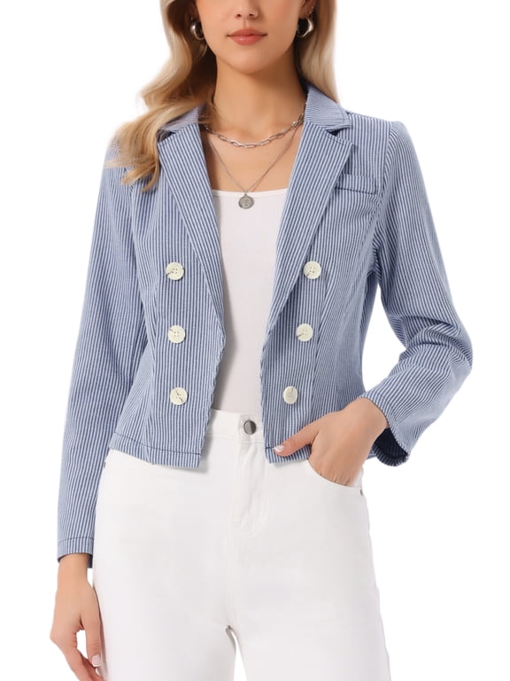 Stripe Blazer for Women's Notch Lapel Long Sleeve Open Front Casual Work Office Suit Jackets M Dark Blue