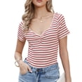 thumbnail image 1 of INSPIRE CHIC Stripe Bodysuits for Women's Sweetheart Neck Short Sleeve Ruched Body Suit Tops XL Red, 1 of 6