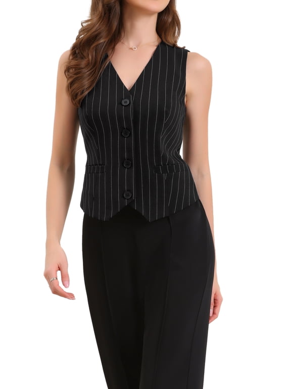 Women's Striped Vest Sleeveless V-Neck Button Down Waistcoat with Back Belt for Work & Casual M Black
