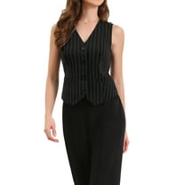 INSPIRE CHIC Women's Vest V Neck Sleeveless Button Down Striped Trendy Waistcoat Casual Outfits XS Black