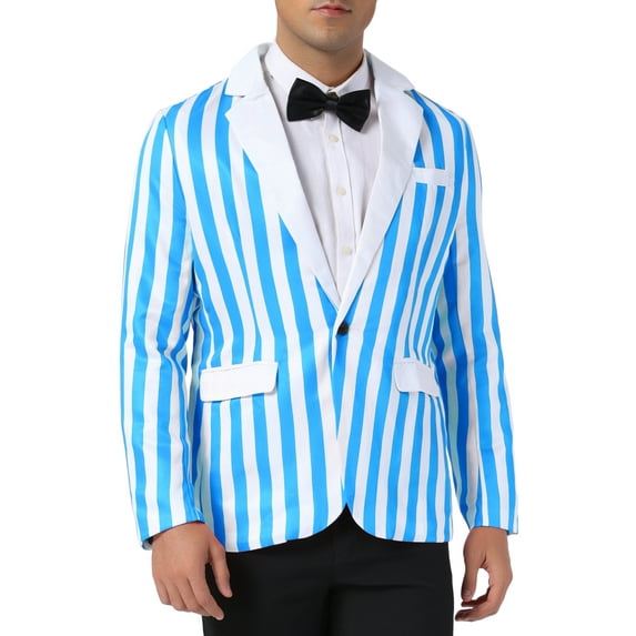 INSPIRE CHIC Striped Blazer for Men's Single Breasted Contrast Color Business Suit Jacket L Blue White