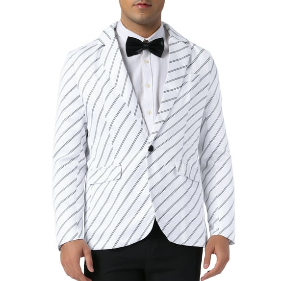 INSPIRE CHIC Striped Blazer for Men's Stripes Pattern Suit Jacket Notch Lapel Business Sport Coat 2XL White