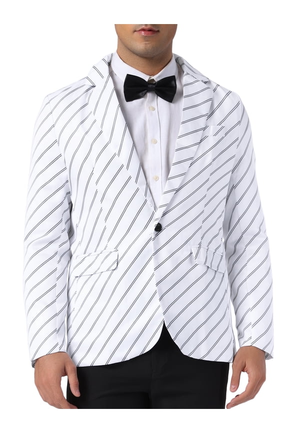 Striped Blazer for Men's Stripes Pattern Suit Jacket Notch Lapel Business Sport Coat XL White