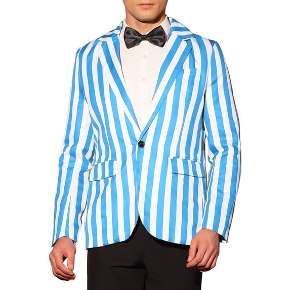 INSPIRE CHIC Men's Blazers Striped Pattern One Button Notach Lapel Collar Coat XL Blue White