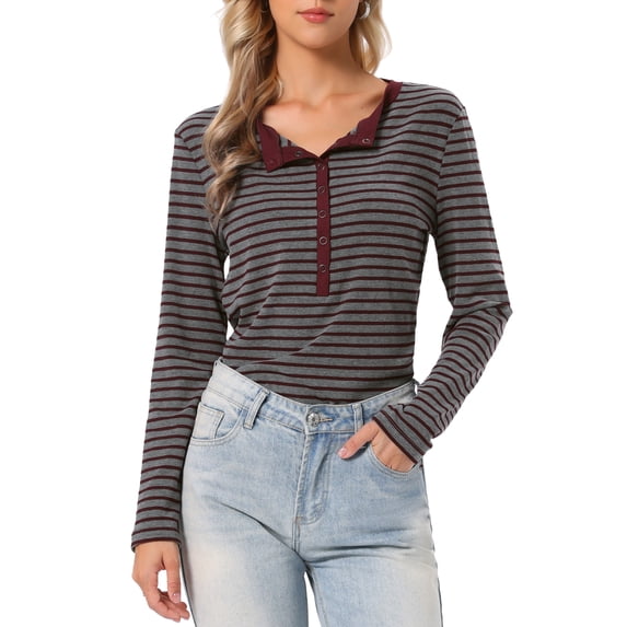 INSPIRE CHIC Striped Blouse for Women's Long Sleeve Round Neck Button Casual T-Shirts Top S Gray