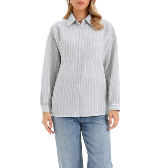 INSPIRE CHIC Striped Button Down Shirt for Women Long Sleeve Casual Collared Work Blouses Tops L Light Grey