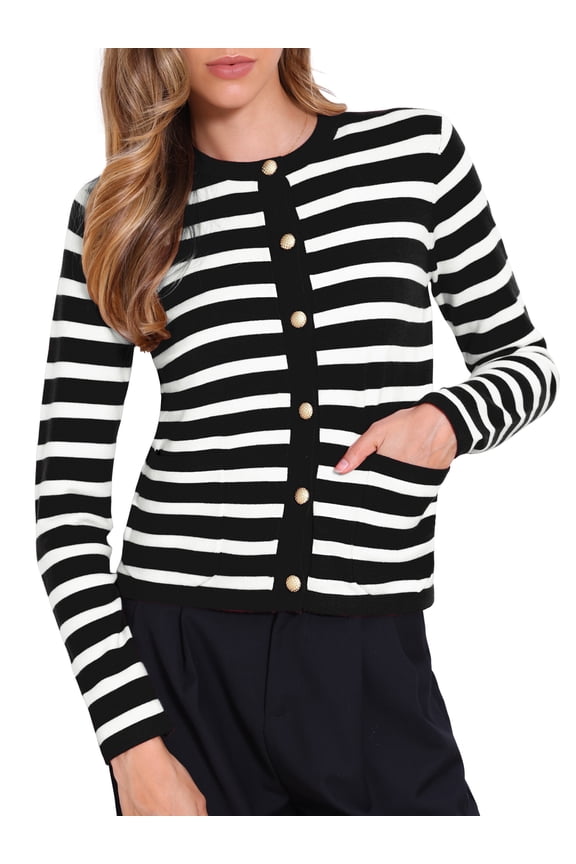 Striped Cardigan Sweater for Women's Crew Neck Color Block Button Down Crop Shirts L Black White