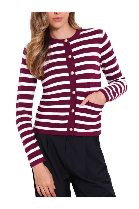 Striped Cardigan Sweater for Women's Crew Neck Color Block Button Down Crop Shirts L Red White