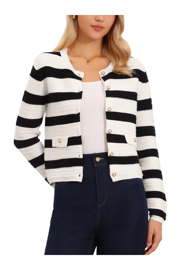 Striped Cardigan Sweater for Women's Long Sleeve Button Down Crewneck Knit Cardigans Coat M Black White