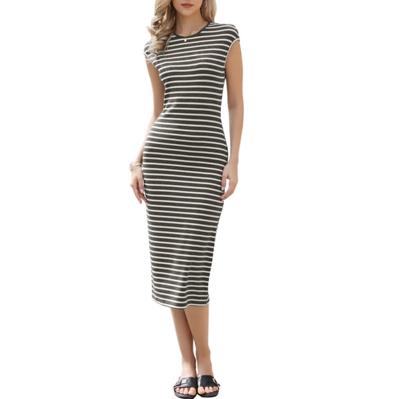 INSPIRE CHIC Striped Dress for Women Crew Neck Cap Sleeve Bodycon Knit Midi Dresses S Dark Gray