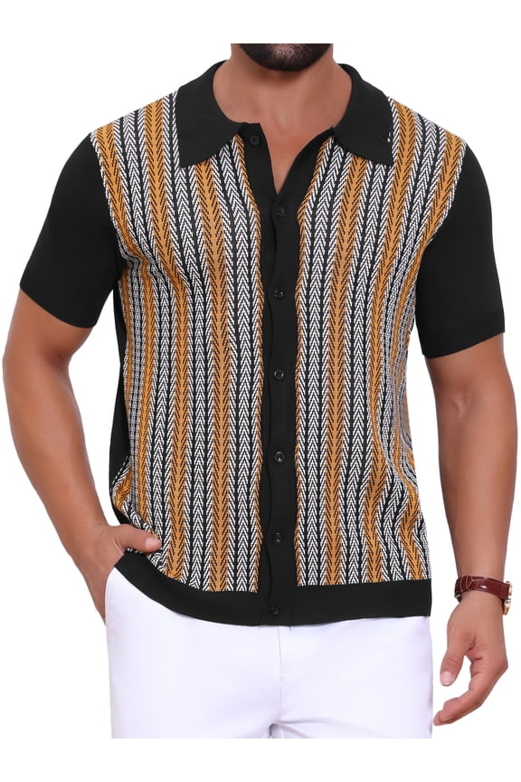 Striped Knitted Polo for Men's Summer Short Sleeves Button Down Jacquard Polo Shirts L Black
