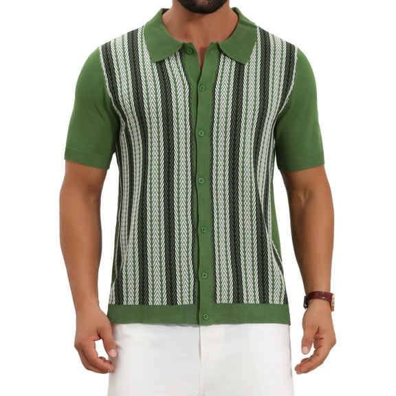 INSPIRE CHIC Striped Knitted Polo for Men's Summer Short Sleeves Button Down Jacquard Polo Shirts L Green