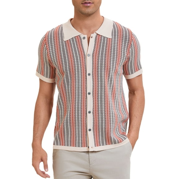 INSPIRE CHIC Striped Knitted Polo for Men's Summer Short Sleeves Button Down Jacquard Polo Shirts L Khaki