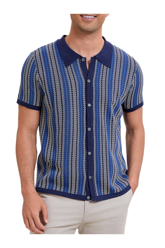Striped Knitted Polo for Men's Summer Short Sleeves Button Down Jacquard Polo Shirts S Dark Blue