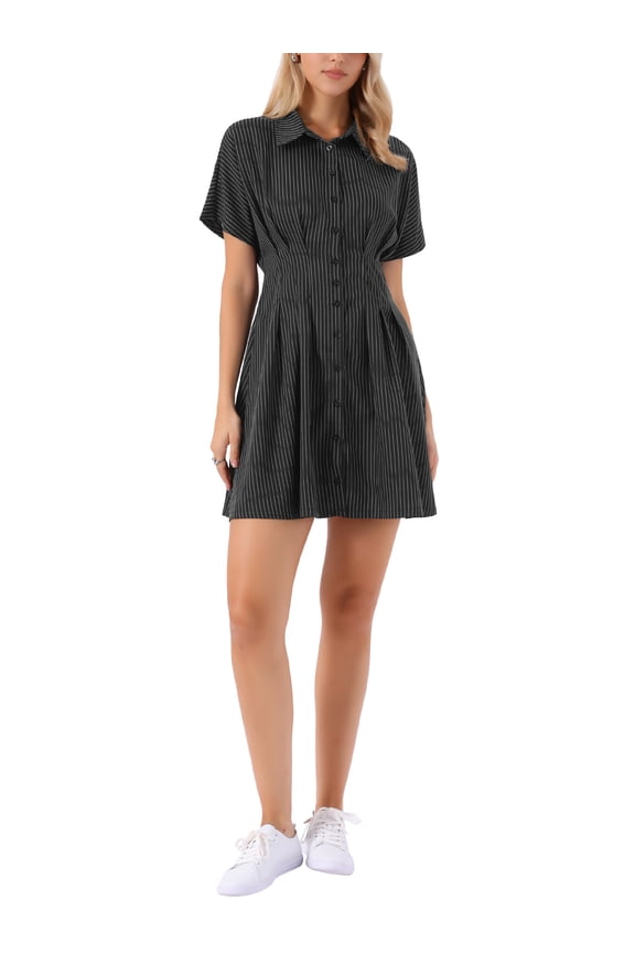 Striped Shirt Dress for Women's Button Down Short Sleeve Casual Pleated Blouse Mini Dresses XL Black